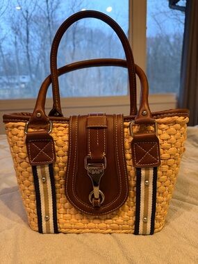 ✨CHAPS✨ Straw Tote with Brown Leather Trim and Navy-White Stripes